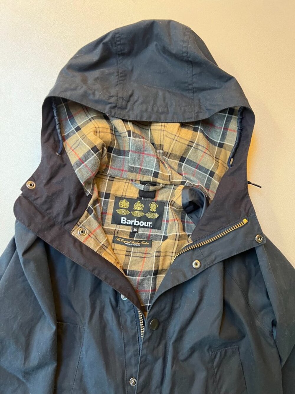 Barbour Waxed Jacket w/ Hood - Navy Men's 36 (Size Small) - Picture 3 of 10